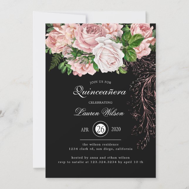 Invitation Roses Blush vintages sur Quinceanera Noir (Devant)