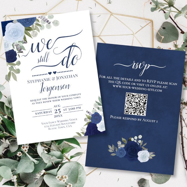 Invitation Roses Boho Bleu Nous Faisons Toujours Vow Renouvel (Front/Back)