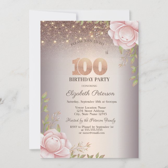 Invitation Roses Boho,Guirlande Lumineuse Pailletée 100e Anni (Devant)
