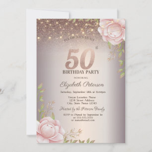 Invitation Roses Boho,Guirlande Lumineuse Pailletée 50e Anniv
