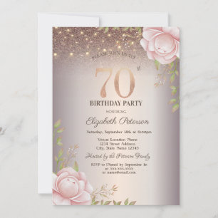 Invitation Roses Boho,Guirlande Lumineuse Pailletée 70e Anniv