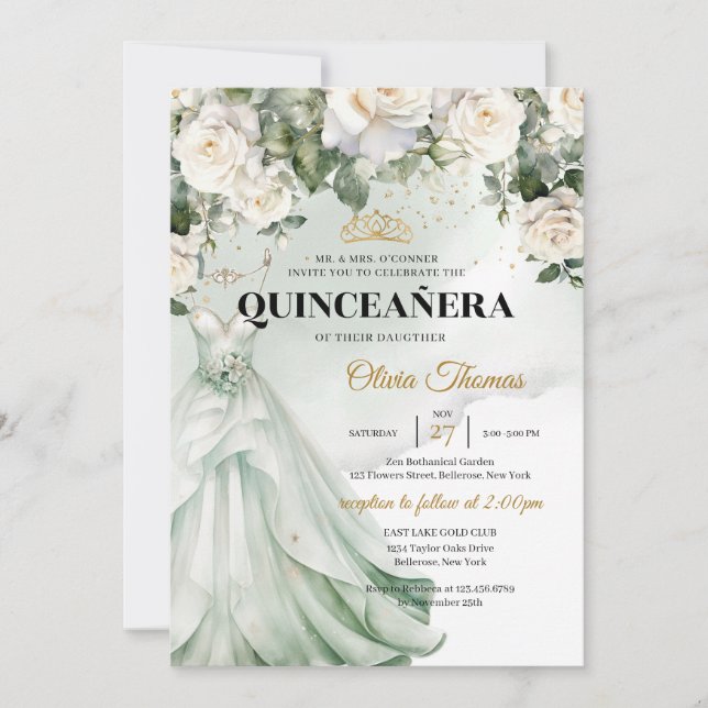 Invitation Roses Boho Sage & Roses Blanches Verdure et or (Devant)