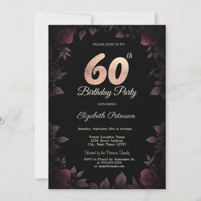 Invitation Roses bordeaux foncé élégantes 80e anniversaire no (Devant)