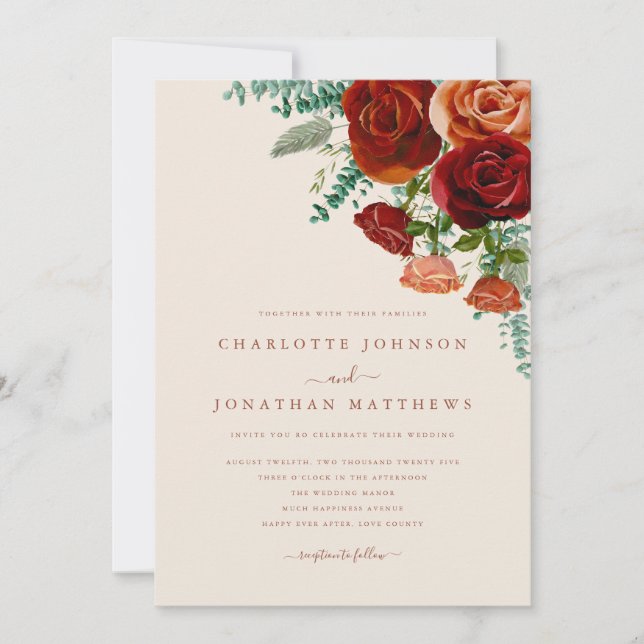 Invitation Roses bordeaux orangé brûlé Mariage rustique d'aut (Devant)