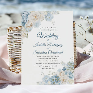 Invitation Roses Botaniques de Mariage Aquarelle Bleu Poussié