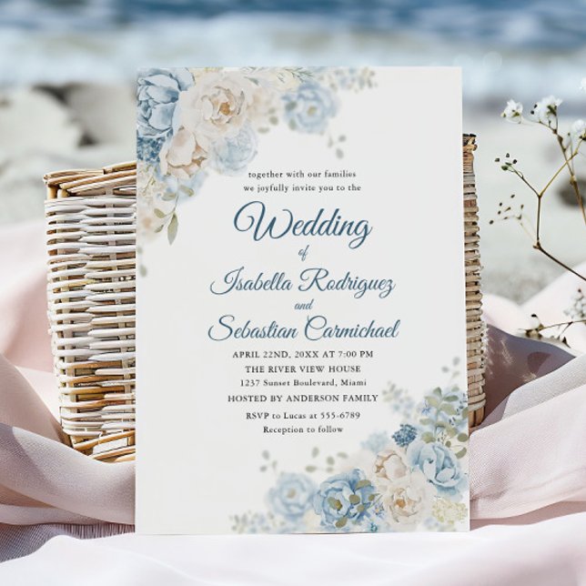 Invitation Roses Botaniques de Mariage Aquarelle Bleu Poussié (Créateur téléchargé)
