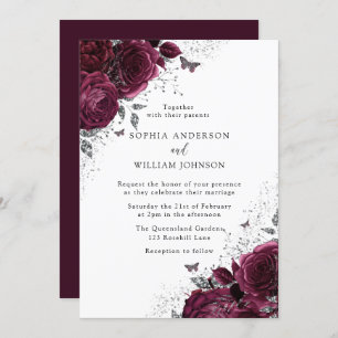 Invitation Roses Bourgogne Magique Avec Mariage Élégant Argen