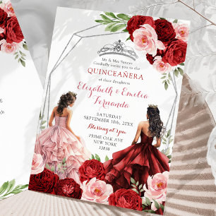 Invitation Roses Bourgogne Red Twins Royal Princesses 15 Años