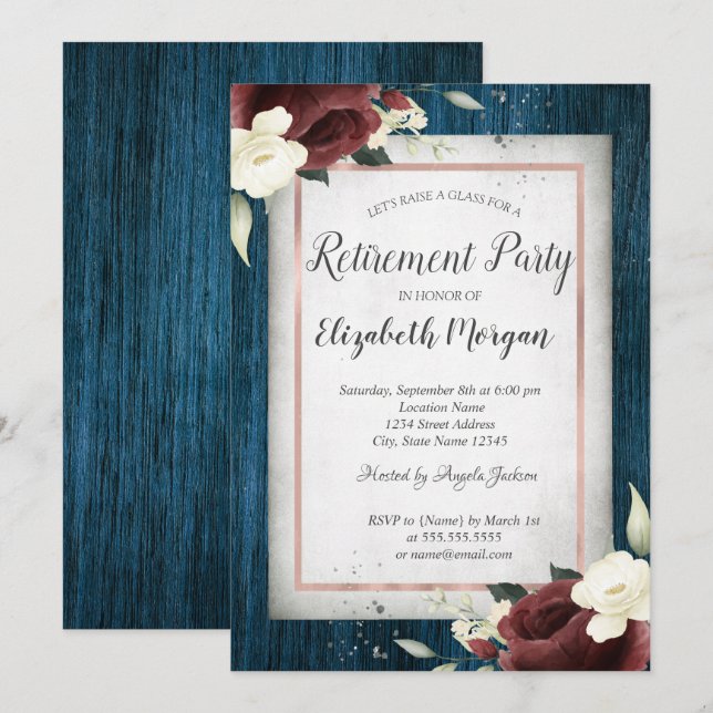 Invitation Roses Bourguignon,Bois Bleu Marine Retraite (Devant / Derrière)