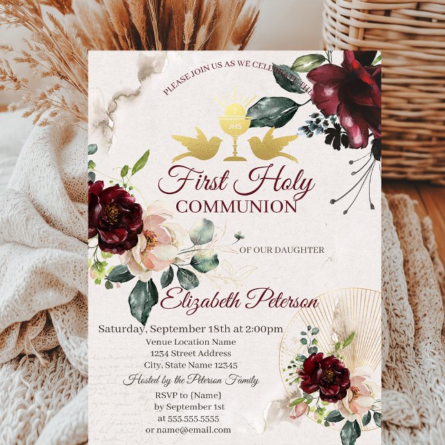 Invitation Roses Bourguignon Première Communion  (Créateur téléchargé)