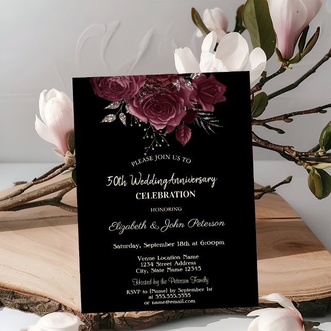 Invitation Roses Bourguignonnes Chic Mariage Anniversaire Noi (Créateur téléchargé)