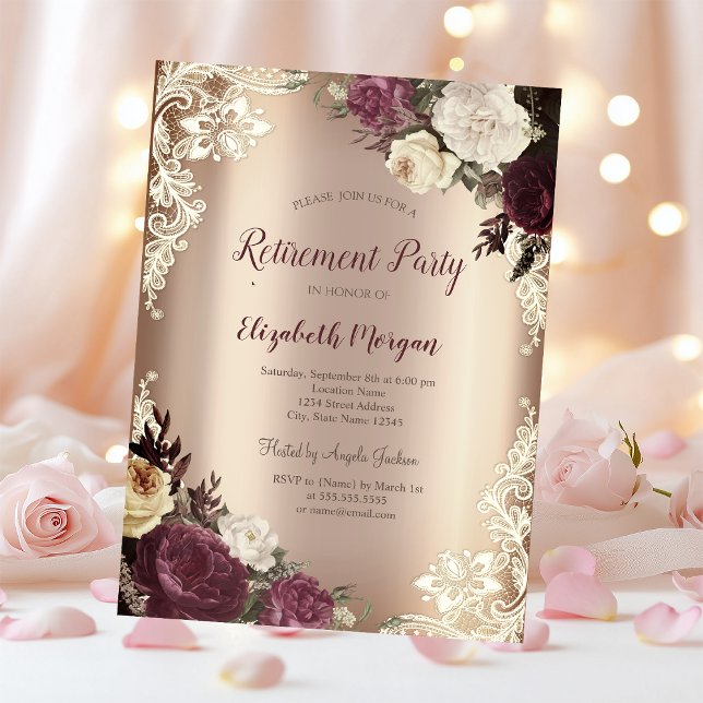 Invitation Roses Bourguignonnes Chic,Retraite en dentelle  (Créateur téléchargé)