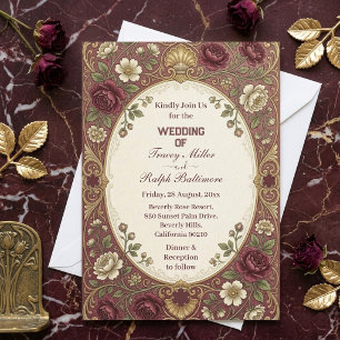 Invitation Roses Bourguignonnes Dorées Mariage Belle Epoque C