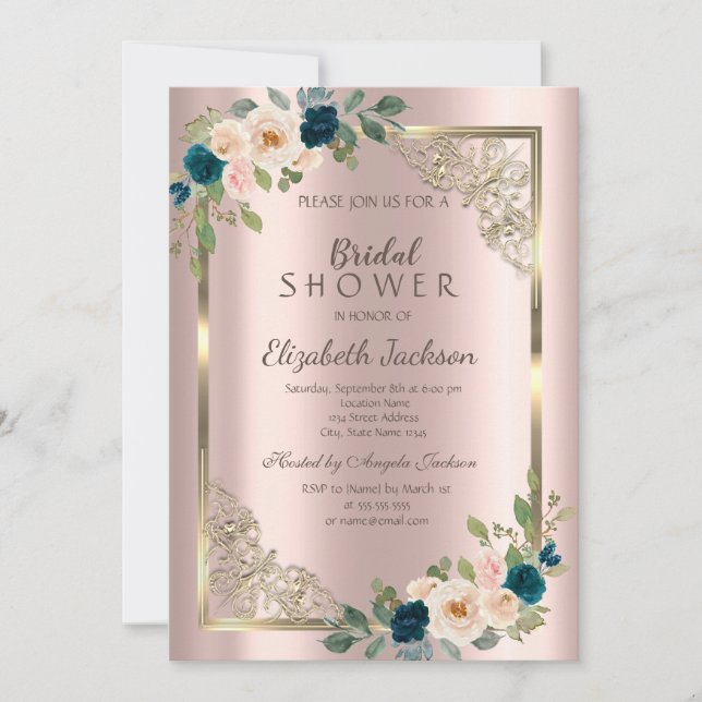 Invitation Roses Cadre en Or Rose Baptême de Mariée (Devant)