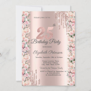Invitation Roses Cadre Gouttes Rose Gold 25e Anniversaire