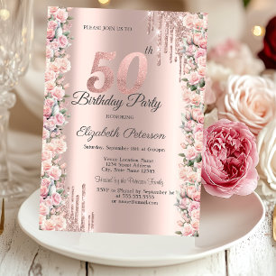 Invitation Roses Cadre Gouttes Rose Gold 50e Anniversaire