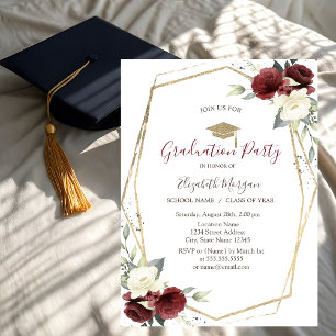 Invitation Roses Chic Bourgogne, Casquette de grade, Diplôme