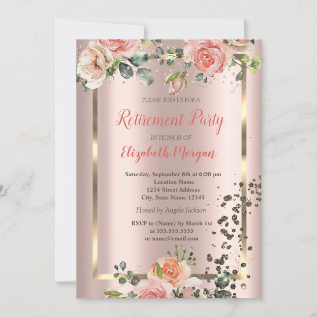 Invitation Roses Chic Diamants Confettis Retraite (Devant)