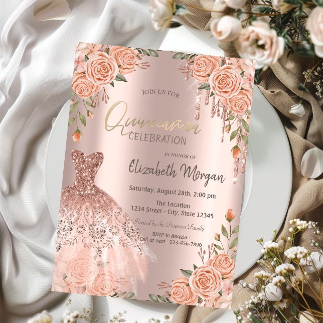 Invitation Roses Chic Robe à paillettes Drips Quinceañera (Créateur téléchargé)