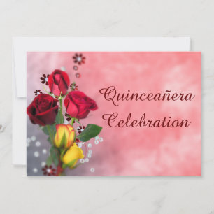 Invitation Roses Chic Rouge & Jaune Quinceañera Célébration