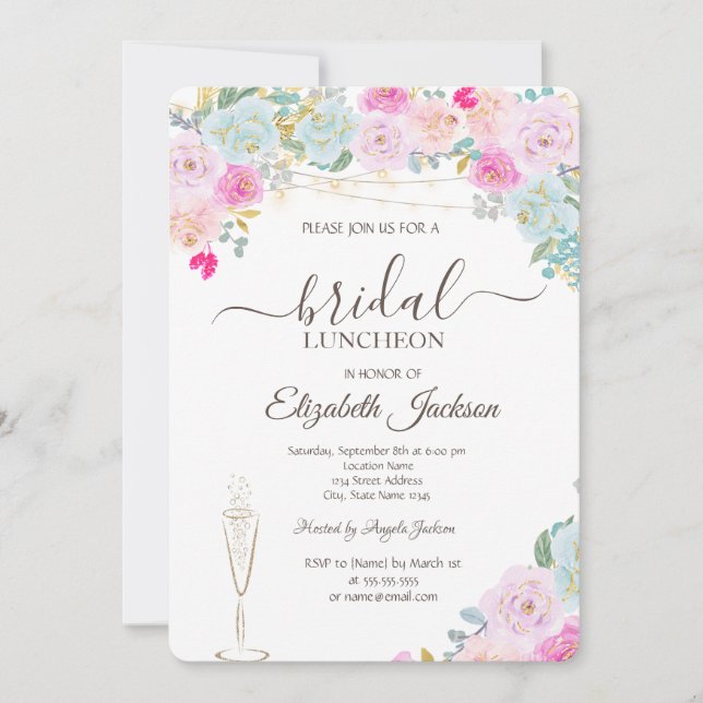 Invitation Roses chic,Verre à vin,Luncheon de mariage élégant (Devant)
