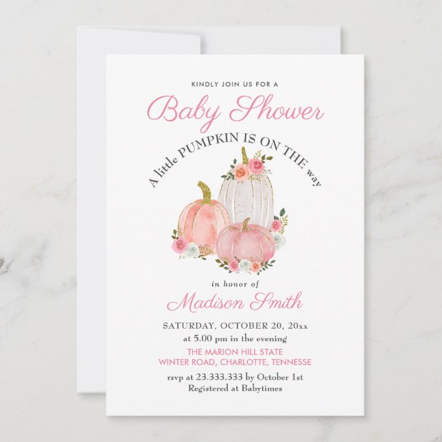 Invitation Roses Citrouille rose aquarelle | BABY SHOWER (Devant)
