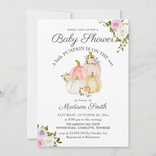 Invitation Roses Citrouille rose aquarelle | BABY SHOWER (Devant)