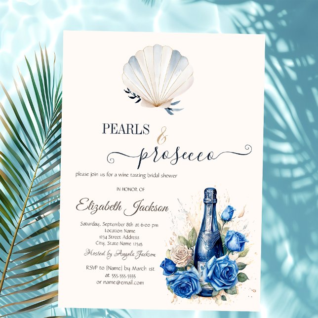 Invitation Roses Coquillages Perles & Prosecco Bleu  (Créateur téléchargé)
