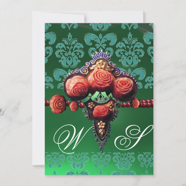 INVITATION ROSES CORAIL ROUGE, DAMAS BLEU NOIR VERT MONOGRAMM (Devant)