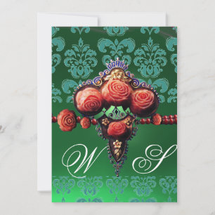 INVITATION ROSES CORAIL ROUGE, DAMAS BLEU NOIR VERT MONOGRAMM