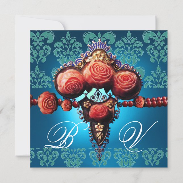 INVITATION ROSES CORAIL ROUGE, DAMAS MONOGRAMME BLEU AQUA NOI (Devant)