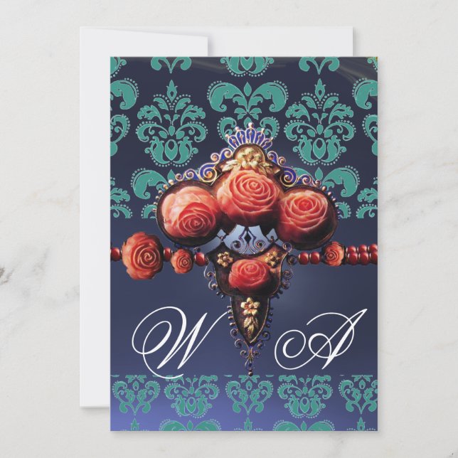 INVITATION ROSES CORAIL ROUGE, DAMAS MONOGRAMME BLEU AQUA NOI (Devant)