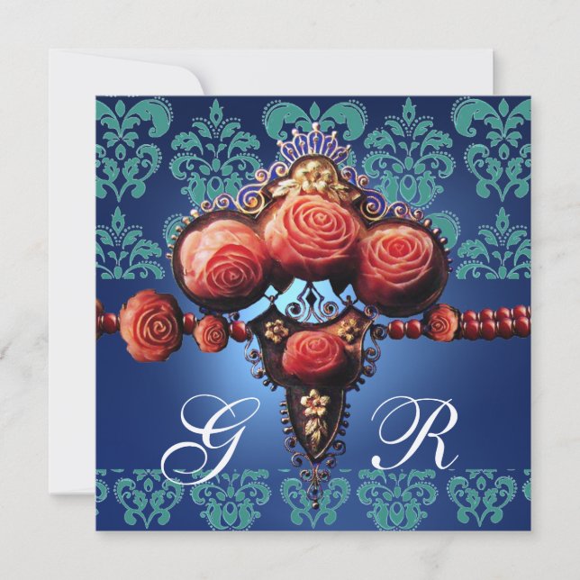 INVITATION ROSES CORAIL ROUGE, DAMAS MONOGRAMME BLEU AQUA NOI (Devant)