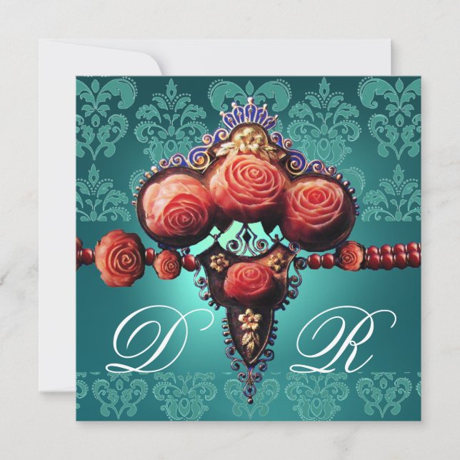 INVITATION ROSES CORAIL ROUGE, DAMAS MONOGRAMME BLEU AQUA NOI (Devant)