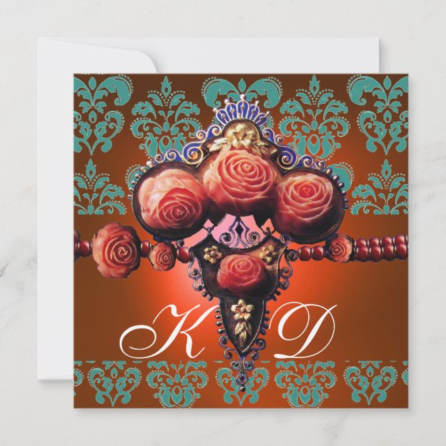 INVITATION ROSES CORAIL ROUGE, DAMAS MONOGRAMME NOIR BLEU ORA (Devant)