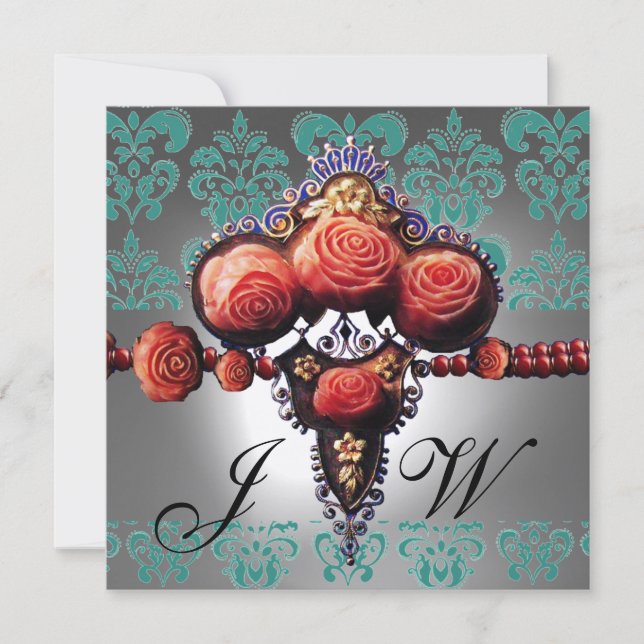 INVITATION ROSES CORAIL ROUGE, DAMAS MONOGRAMME NOIR VERT BLA (Devant)