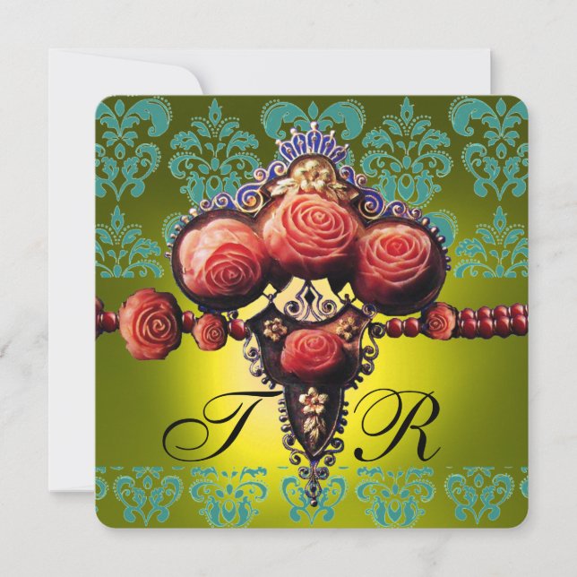INVITATION ROSES CORAIL ROUGE, DAMAS MONOGRAMME NOIR VERT JAU (Devant)