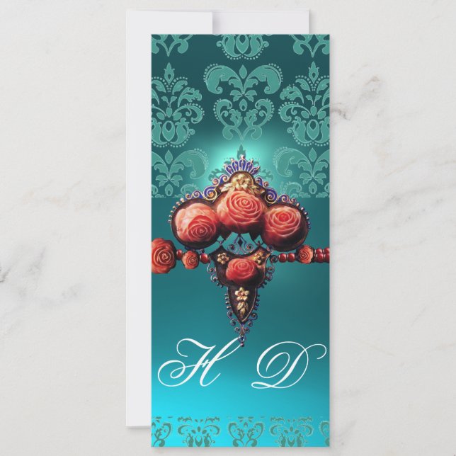 INVITATION ROSES CORAIL ROUGE, DAMAS NOIR BLEU AQUA MONOGRAMM (Devant)