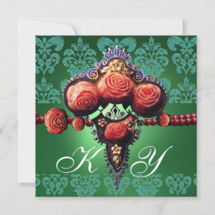 INVITATION ROSES CORAIL ROUGE, DAMAS VERT BLEU NOIR MONOGRAMM