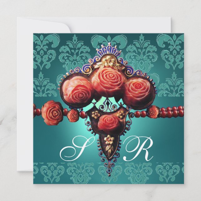 INVITATION ROSES CORAIL ROUGE, MONOGRAMME DAMASSÉ BLEU AQUA N (Devant)