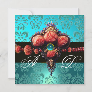 INVITATION ROSES CORAIL ROUGE, MONOGRAMME DAMASSÉ BLEU AQUA N