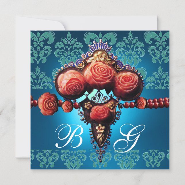 INVITATION ROSES CORAIL ROUGE, MONOGRAMME DAMASSÉ BLEU AQUA N (Devant)