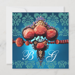 INVITATION ROSES CORAIL ROUGE, MONOGRAMME DAMASSÉ BLEU AQUA N
