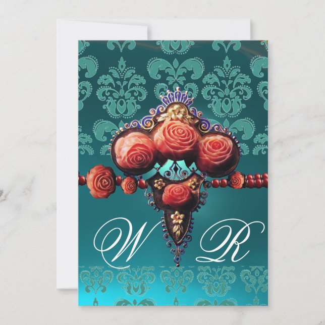 INVITATION ROSES CORAIL ROUGE, MONOGRAMME DAMASSÉ BLEU AQUA N (Devant)