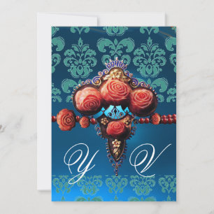 INVITATION ROSES CORAIL ROUGE, MONOGRAMME DAMASSÉ BLEU AQUA N