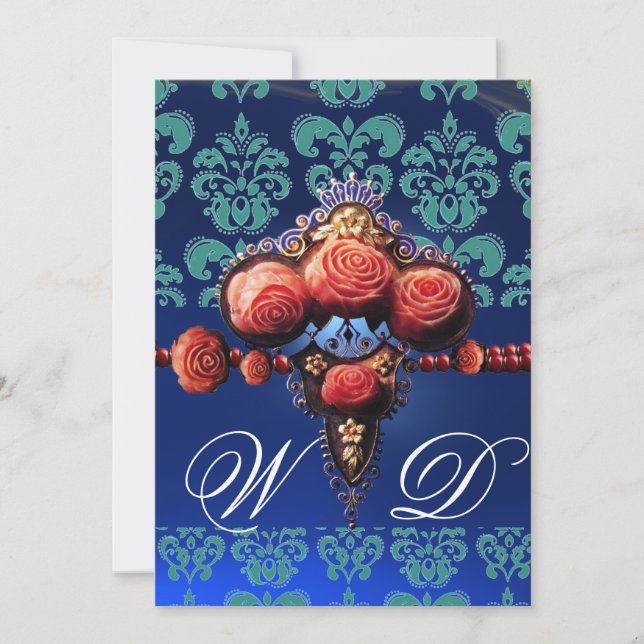 INVITATION ROSES CORAIL ROUGE, MONOGRAMME DAMASSÉ BLEU AQUA N (Devant)