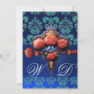 INVITATION ROSES CORAIL ROUGE, MONOGRAMME DAMASSÉ BLEU AQUA N
