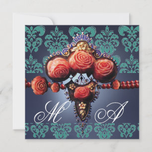 INVITATION ROSES CORAIL ROUGE, MONOGRAMME DAMASSÉ BLEU AQUA N