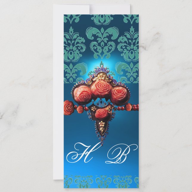 INVITATION ROSES CORAIL ROUGE, MONOGRAMME DAMASSÉ BLEU AQUA N (Devant)