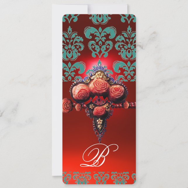 INVITATION ROSES CORAIL ROUGE, MONOGRAMME DAMASSÉ BLEU TURQUO (Devant)